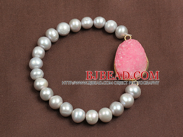 Unique Style Hot Pink Crystallized Stone And Natural Grey Freshwater Pearl Elastic/ Stretch Bracelet