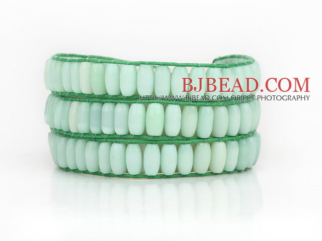 Light Green Color Cats Eye 3 Wrap Bangle Bracelet with Green Wax Cord and Shell Clasp