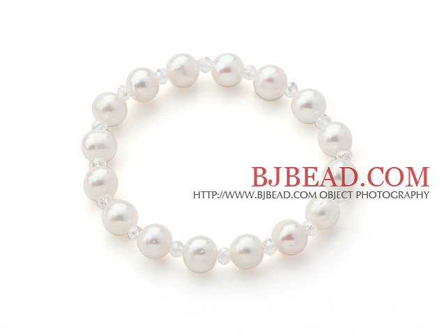 A Grade White Freshwater Pearl and Clear Crystal Stretch Beaded Bangle Bracelet