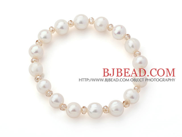 A Grade White Freshwater Pearl and Champagne Color Crystal Stretch Beaded Bangle Bracelet