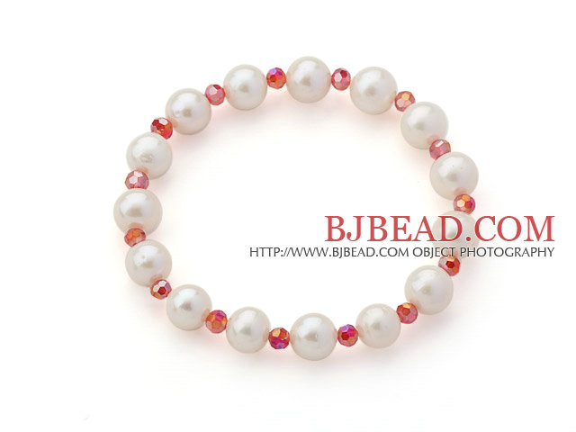 A Grade White Freshwater Pearl and Red Color Crystal Stretch Beaded Bangle Bracelet
