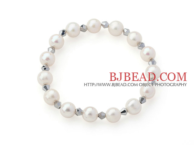 A Grade White Freshwater Pearl and Silver Color Crystal Stretch Beaded Bangle Bracelet