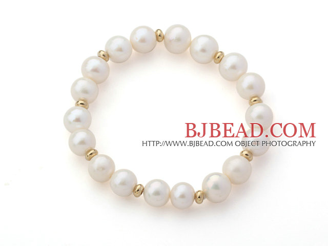 A Grade White Freshwater Pearl and Yellow Color Metal Spacer Beads Stretch Beaded Bangle Bracelet