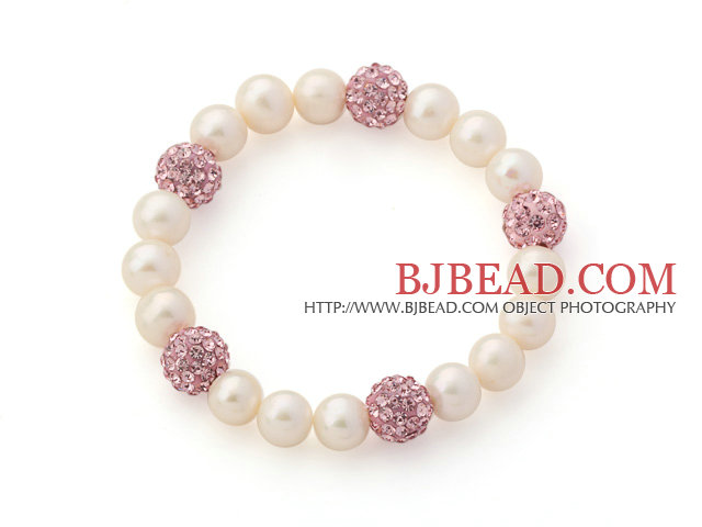 A Grade Round White Freshwater Pearl and Pink Color Rhinestone Ball Stretch Beaded Bangle Bracelet