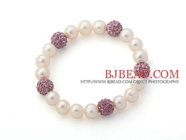 A Grade Round White Freshwater Pearl and Violet Color Rhinestone Ball Stretch Beaded Bangle Bracelet