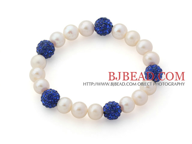 A Grade Round White Freshwater Pearl and Dark Blue Color Rhinestone Ball Stretch Beaded Bangle Bracelet