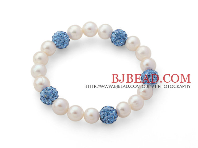 A Grade Round White Freshwater Pearl and Sky Blue Color Rhinestone Ball Stretch Beaded Bangle Bracelet
