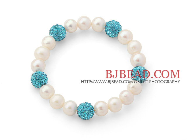 A Grade Round White Freshwater Pearl and Lake Blue Color Rhinestone Ball Stretch Beaded Bangle Bracelet