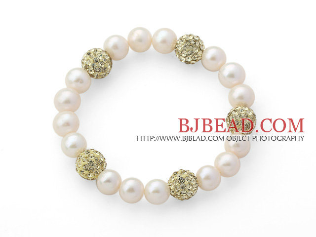 A Grade Round White Freshwater Pearl and Light Yellow Color Rhinestone Ball Stretch Beaded Bangle Bracelet