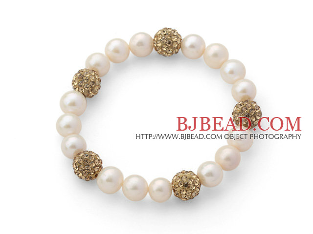 A Grade Round White Freshwater Pearl and Amber Color Rhinestone Ball Stretch Beaded Bangle Bracelet