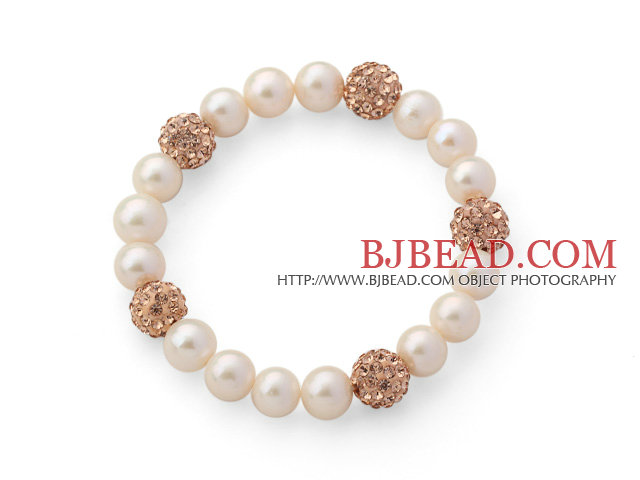 A Grade Round White Freshwater Pearl and Champagne Goden Color Rhinestone Ball Stretch Beaded Bangle Bracelet