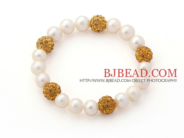 A Grade Round White Freshwater Pearl and Yellow Golden Color Rhinestone Ball Stretch Beaded Bangle Bracelet