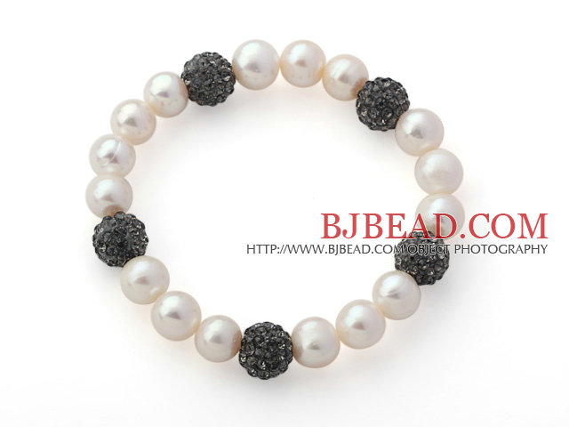A Grade Round White Freshwater Pearl and Dark Gray Color Rhinestone Ball Stretch Beaded Bangle Bracelet