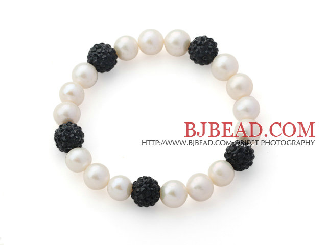 A Grade Round White Freshwater Pearl and Black Color Rhinestone Ball Stretch Beaded Bangle Bracelet