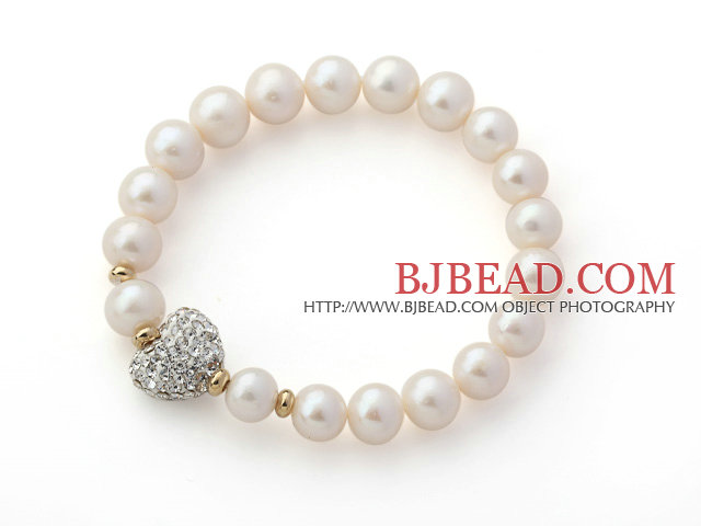 A Grade Round White Freshwater Pearl and White Color Heart Shape Rhinestone Stretch Beaded Bangle Bracelet