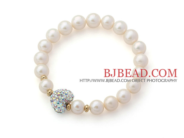 A Grade Round White Freshwater Pearl and White with Colorful Heart Shape Rhinestone Stretch Beaded Bangle Bracelet