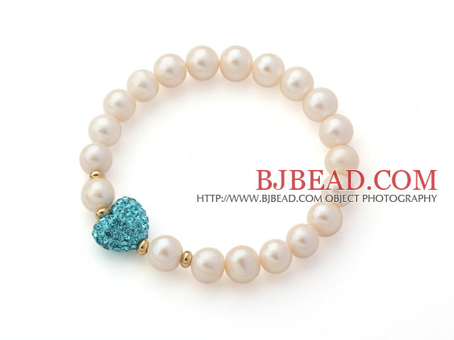 A Grade Round White Freshwater Pearl and Lake Blue Color Heart Shape Rhinestone Stretch Beaded Bangle Bracelet