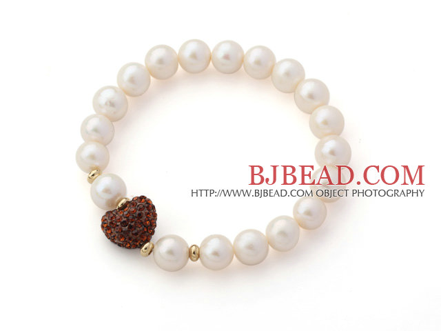 A Grade Round White Freshwater Pearl and Yellow Brown Color Heart Shape Rhinestone Stretch Beaded Bangle Bracelet