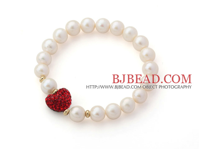 A Grade Round White Freshwater Pearl and Red Color Heart Shape Rhinestone Stretch Beaded Bangle Bracelet
