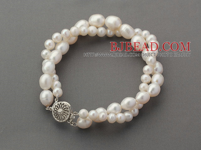 Double Rows White Freshwater Pearl Beaded Bracelet