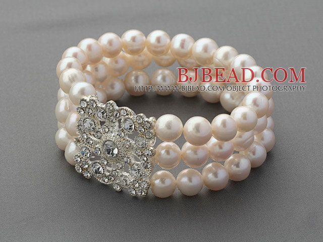Three Rows A Grade Round White Freshwater Pearl Bridal Beaded Stretch Bangle Bracelet with White Rhinestone Accessory