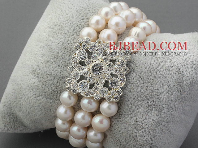 Three Rows A Grade Round White Freshwater Pearl Bridal Beaded Stretch ...