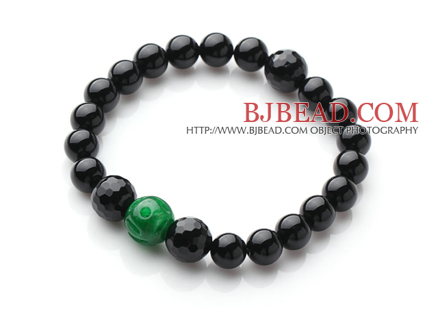 Single Strand Round Black Agate And Green Jade Elastic Bracelet