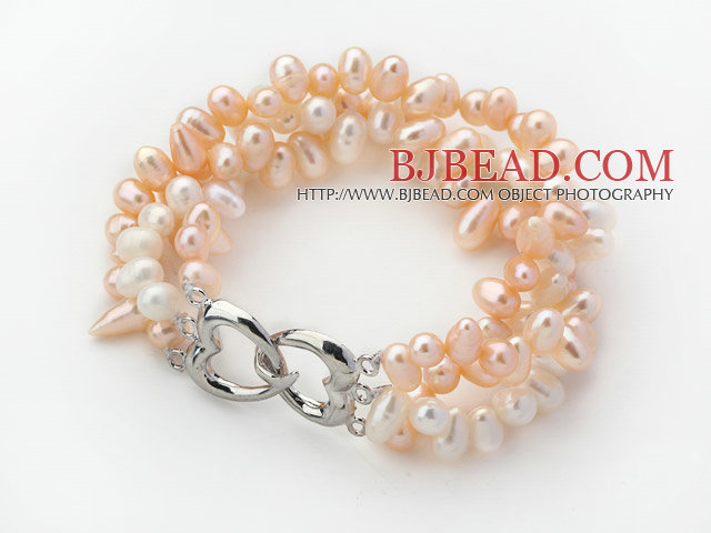 Three Rows White and Pink Top Drilled Freshwater Pearl Bracelet with Heart Shape Clasp