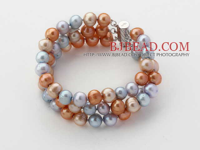 Three Rows Gray Blue and Golden Color Freshwater Pearl Beaded Bracelet