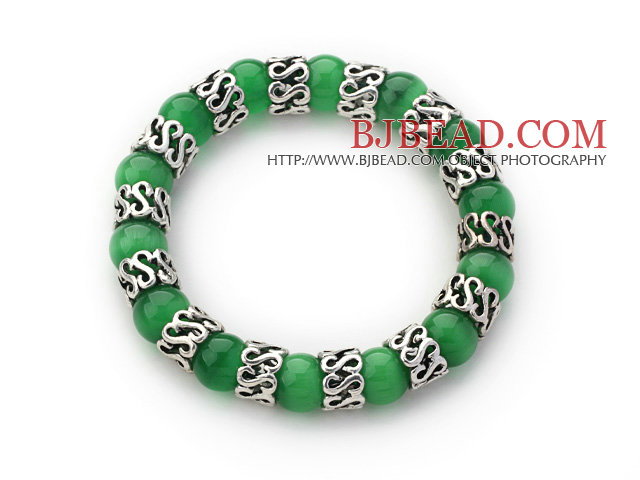 10mm Round Grass Green Cats Eye and Tibet Silver Spacer Ring Accessories Stretch Bracelet