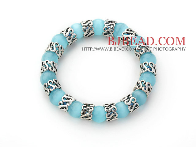 10mm Round Light Blue Color Cats Eye and Tibet Silver Spacer Ring Accessories Stretch Bracelet
