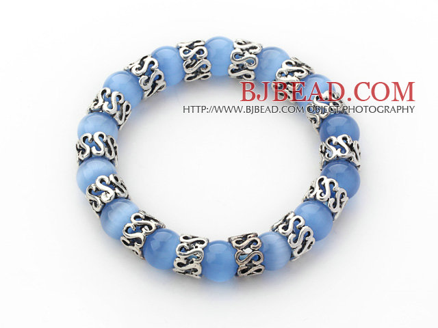 10mm Round Sky Blue Color Cats Eye and Tibet Silver Spacer Ring Accessories Stretch Bracelet