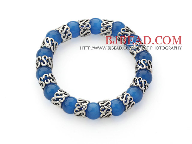 10mm Round Dark Blue Color Cats Eye and Tibet Silver Spacer Ring Accessories Stretch Bracelet