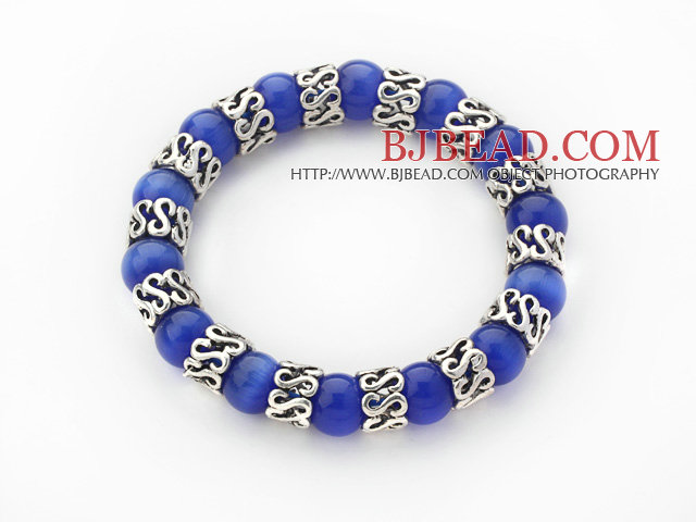 10mm Round Sapphire Blue Color Cats Eye and Tibet Silver Spacer Ring Accessories Stretch Bracelet