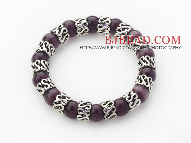 10mm Round Dark Purple Cats Eye and Tibet Silver Spacer Ring Accessories Stretch Bracelet
