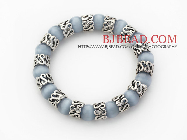 10mm Round Black Gray Cats Eye and Tibet Silver Spacer Ring Accessories Stretch Bracelet