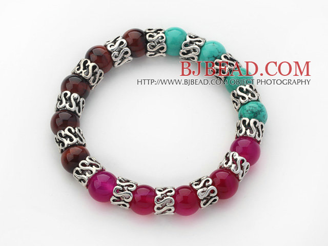 10mm Round Tiger Eye and Turquoise and Pink Agate and Tibet Silver Spacer Ring Accessories Stretch Multi Color Bracelet
