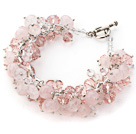 Pink Color Assorted Rose Quartz Chips Bracelet with Silver Color Metal Chain
