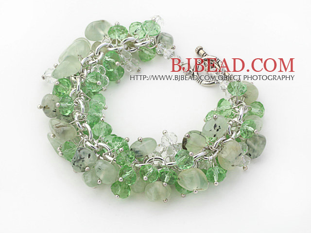 Light Green Color Assorted Light Crystal and Prehnite Chips Bracelet with Silver Color Metal Chain