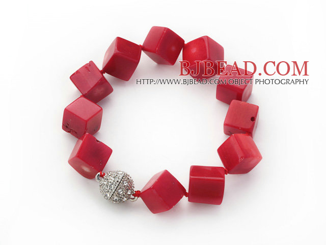 Cube Shape 12mm Red Coral Knotted Bracelet with Magnetic Clasp