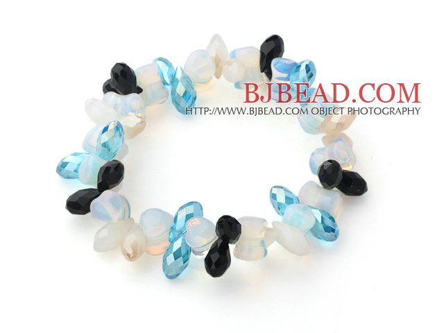 Blue Long Drop Crystal and Heart Shape Milky Color Opal Crystal Stretch Bracelet