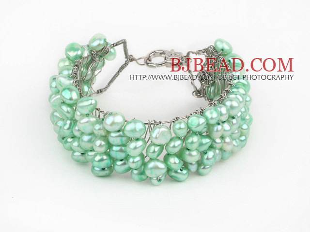 2013 Summer New Design Light Green Color Freshwater Pearl Crocheted Metal Wire Cuff Bracelet