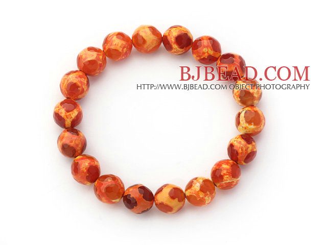 10mm Round Orange Red Pattern Fire Agate Stretch Beaded Bangle Bracelet