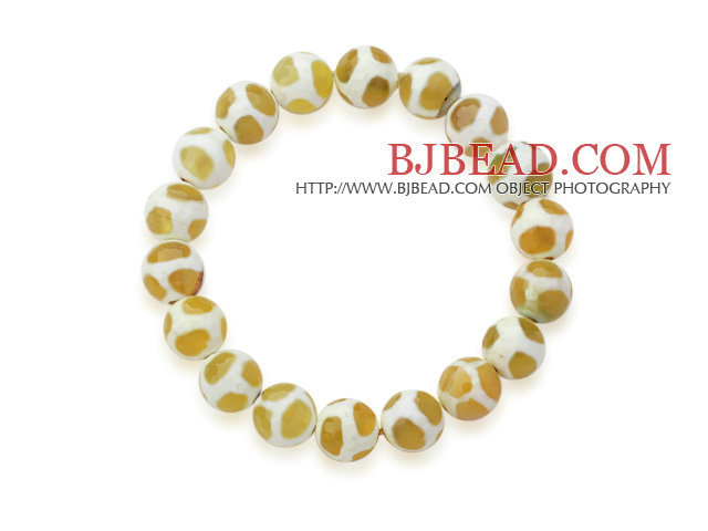 10mm Round White and Peridot Color Pattern Fire Agate Stretch Beaded Bangle Bracelet