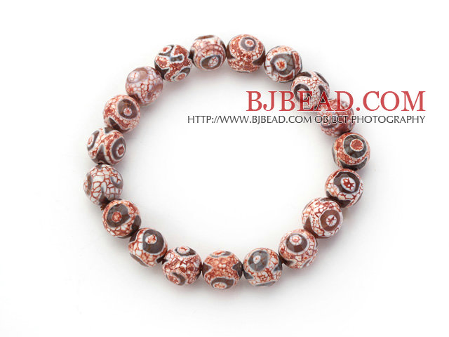 10mm Round Pink Pattern Fire Agate Stretch Beaded Bangle Bracelet