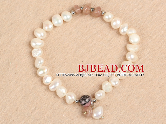 Simple Stretchy Style Natural White Freshwater Pearl Cherry Quartz Chips Elastic Bracelet