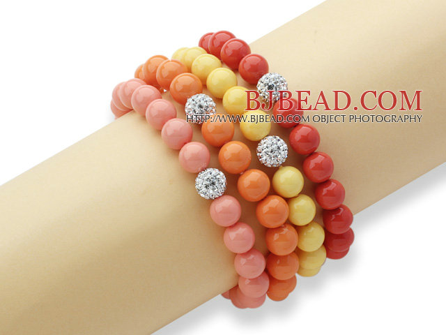 4 Pieces Colorful Round Seashell Beaded Stretch Bangle Bracelet with White Rhinestone Ball ( Random Color )