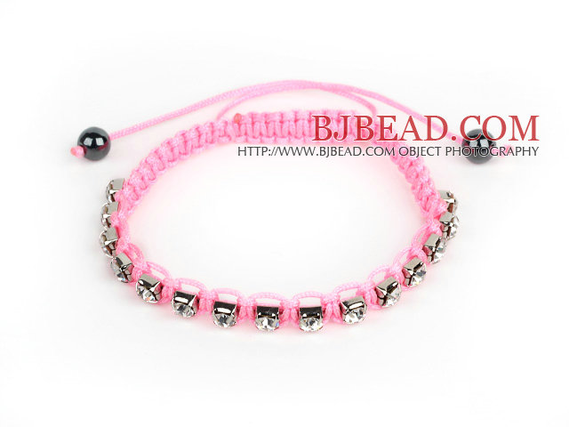 5 Pieces Pink Thread and White Square Shape Rhinestone and Hematite Woven Adjustable Drawstring Bracelets