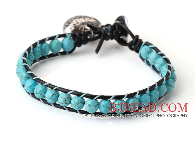 Popular Single Strand Faceted Blue Turquoise and Black Leather Bracelet with Hear Charm