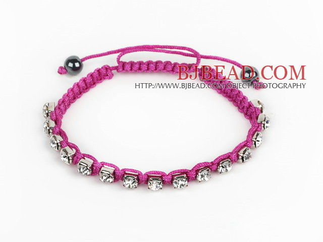 5 Pieces Purple Red Thread and White Square Shape Rhinestone and Hematite Woven Adjustable Drawstring Bracelets